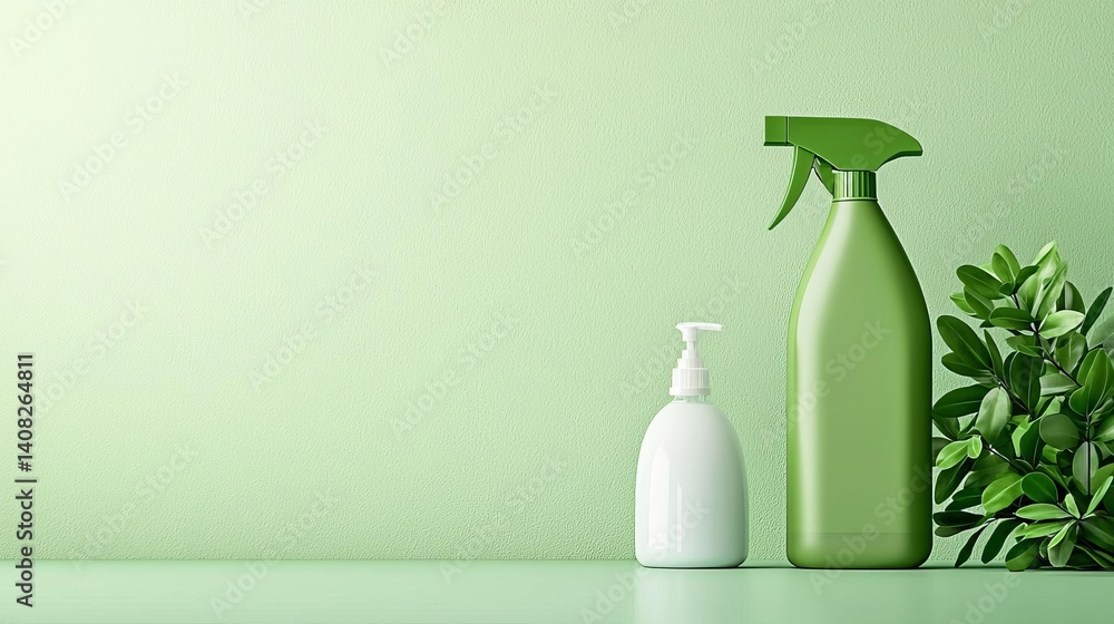 Eco-friendly cleaning products on green backdrop. World Food Safety Day ...