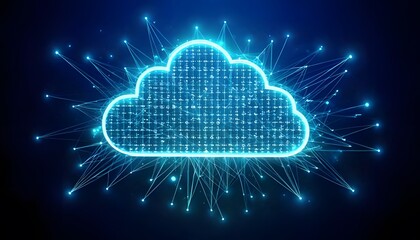 Glowing data cloud structure with vibrant neon blue circuit patterns and digital elements symbolizing the power and connectivity of advanced intelligence and the future of technology