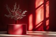 © Harry - Still life of red vase with berries and frosted branches on red stand with window light shadows