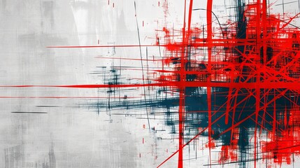 Chaos vs Order: Minimalist Abstract with Blue Grid and Red Scribble Disruption