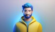 © Bibou Design - 3D render of a stylized young man with vibrant blue hair and beard, wearing a bright yellow hoodie, standing against a soft gradient background, representing digital avatars and modern youth culture.