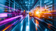 © SiSter-AI-Art - Langgezogene Produktionshalle der Zukunft mit digitaler Lichtspur, futuristische Industrie in Querformat