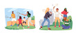 © Anna Syvak - Active family with children and group of friends playing badminton outdoors in park cartoon set