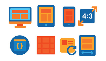 Set includes icons of monitor, tablet, phone, aspect ratio, code, grid, sync, adjust.