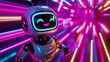 © Photo - Robot with a joyful expression standing on a glowing neon backdrop