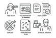 © Александр Михайлюк - Line style icons of penetration testing: red team icon, vulnerability scan, test script, test result, exploit icon, penetration plan, access test, ethical hacker.