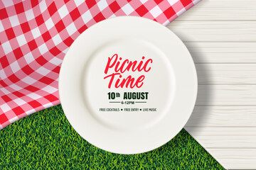 Picnic banner, poster design with empty white plate on tablecloth on grass background. Vector realistic illustration