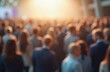 © Pete - Blurred crowd at corporate event, conference business meeting. Professionals in suits, informal discussion, networking. Audience at seminar, presentation workshop. Business people discuss ideas,