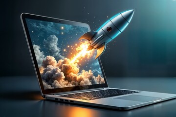 laptop on the desktop and the space shuttle rocket successfully takes off beyond the frames of displ