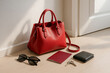 © Jafree - Stylish red leather handbag with everyday essentials including passport, wallet, sunglasses and keys on floor in morning light. Concept of travel, fashion accessory, minimal lifestyle, daily routine