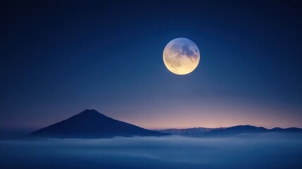 Wall Mural - a full moon shines above the clouds in the night sky, casting light on a mountain range in the backg