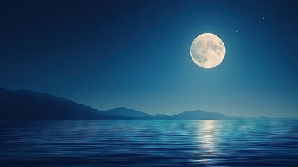 Wall Mural - a majestic full moon graces a serene body of water while majestic mountains loom in the background, 