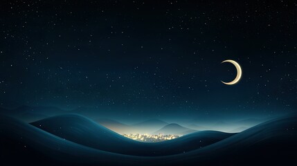 Wall Mural - a panoramic cityscape bathed in twilight, featuring the luminescent moon and scattered celestial bod