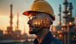 © Pete - Double exposure illustration of engineer wearing safety helmet, glasses with industrial oil refinery plant background. Man works in fuel energy sector. AI generated tech photo about fuel industry,