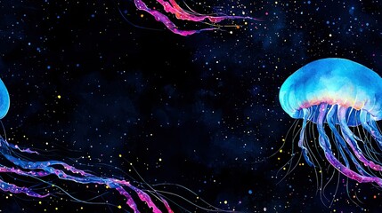 Wall Mural - a cluster of jellyfish drifting over a deep, mixed-hued sea brimming with multitudes of tiny orange 