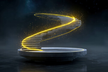 Wall Mural - Golden light spirals upward into the cosmos from a mysterious pedestal floating in the void