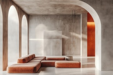 Aufkleber - Modern living space featuring an elegant orange accent wall, minimal furniture, and natural light pouring in through arched windows