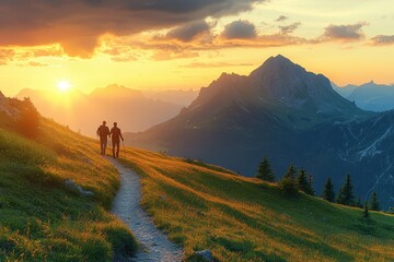 Fototapete - Scenic sunset over mountain trail with picturesque landscape and vibrant colors in the evening sky