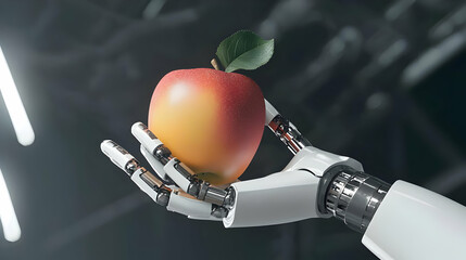 White Robotic Hand Holding a Ripe Red Apple With Green Leaf in a Futuristic Setting With Blurred Background