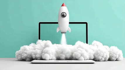 White rocket taking off from a laptop screen with smoke, symbolizing launching a new online business or startup