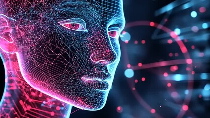 Wall Mural - Futuristic Digital Human Profile with Neon Lines and Particles