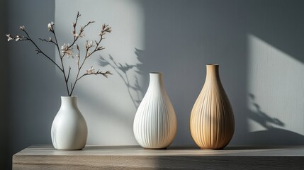 Aufkleber - Beautiful arrangement of elegant vases with delicate flowers on a wooden table in soft morning light casting intricate shadows on the wall