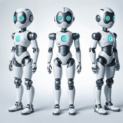 three futuristic humanoid robots with glowing accents on light background for technology concept