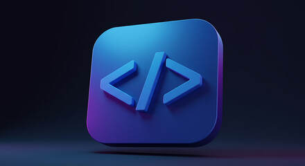 a close up of a blue coding symbol on a rounded square against a dark gradient background studio sho