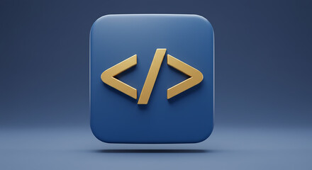 a blue square with rounded corners displaying a golden code symbol on a blue background studio shot