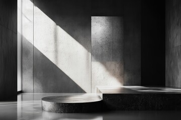 Aufkleber - Spacious industrial interior with sunrays illuminating a concrete floor and a solitary plant against a weathered backdrop in an abandoned warehouse