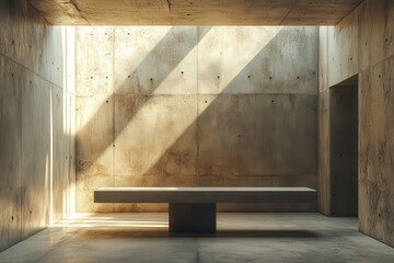 Fototapete - Spacious industrial interior with sunrays illuminating a concrete floor and a solitary plant against a weathered backdrop in an abandoned warehouse