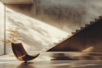 Leinwandbilder - Modern architectural staircase with dramatic light rays illuminating textured walls in a spacious interior setting