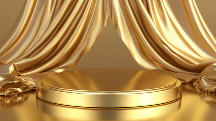 Wall Mural - white circular empty product display podium with golden edge on reflective gold floor and draped met