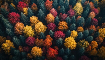 Aufkleber - Colorful autumn forest viewed from above with vibrant orange, red, and yellow trees contrasting against evergreen foliage in a serene natural landscape