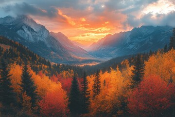 Aufkleber - Majestic sunset over a vibrant autumn valley with mountains in the background, showcasing a mixture of warm orange, red, and yellow foliage during early evening hours