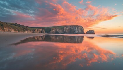 Aufkleber - Colorful sunset reflects on serene beach near cliffs at dusk, creating a picturesque coastal view with clouds painted in warm hues