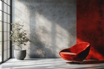 Aufkleber - Cozy modern interior with a stylish chair and sunlight streaming through large windows in a serene space
