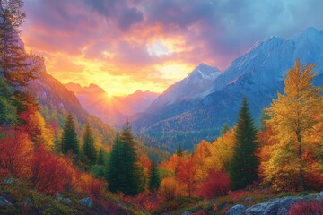 Aufkleber - Majestic sunset over a vibrant autumn valley with mountains in the background, showcasing a mixture of warm orange, red, and yellow foliage during early evening hours