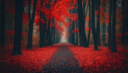Aufkleber - Colorful autumn forest viewed from above with vibrant orange, red, and yellow trees contrasting against evergreen foliage in a serene natural landscape