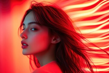 Fototapete - Striking portrait of a young woman with flowing hair against a vibrant red background, capturing the essence of confidence and creativity in an artistic environment