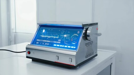 Futuristic medical device with digital screen showing waveform data, laboratory equipment, healthcare diagnostics, modern and clean