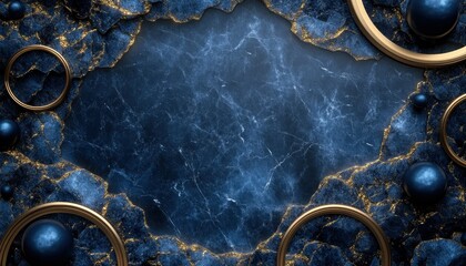 Poster - Decorative blue marble background with golden accents and circular frames for elegant design purposes
