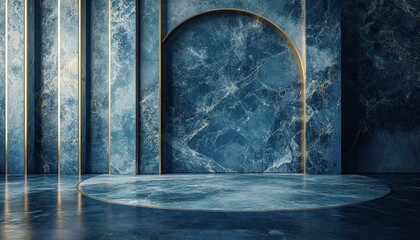 Poster - Decorative blue marble background with golden accents and circular frames for elegant design purposes