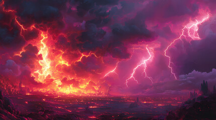 Wall Mural - Lightning etches the sky in a twilight turmoil over a forsaken, flame-lit landscape. 3d rendering colored lightning strike. flamelit. illustration. Twilight Engraving. Illustration
