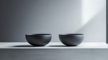 Aufkleber - Minimalist black bowls on a light gray surface with soft shadows in a contemporary kitchen setting, conveying elegance and simplicity in design