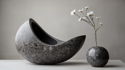 Poster - Elegant gray stone vase with minimalist design and white flowers on display in a modern interior setting