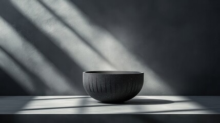 Aufkleber - Elegant black bowl on a minimalist surface illuminated by natural light with soft shadows, creating a serene and modern atmosphere in a contemporary setting