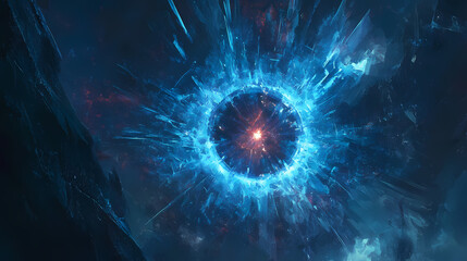 Wall Mural - Glowing blue light beam radiates from a central point in the darkness, with vibrant energy emanating outward , radiance. Radiant Darksteel. Illustration
