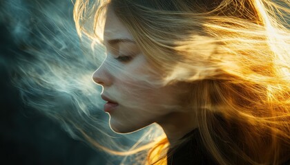 Fototapete - Dancer twirls in ethereal white gown amidst swirling clouds at sunset in a dreamy landscape filled with movement and grace