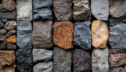 Fototapete - Natural stone wall showcasing a mix of gray and brown stones in a modern architectural design near an urban area at sunset